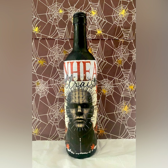 Upcycled Decoupage Pinhead Hellraiser Halloween Horror Decorated Wine Bottle - Picture 1 of 6